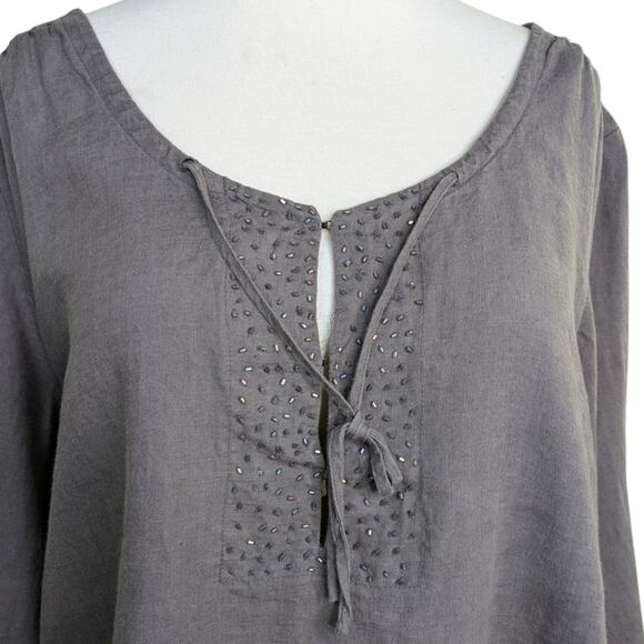 Eileen Fisher 100% Irish Linen Beaded Lagenlook Pullover Neck Tie Top Gray Large - Picture 3 of 9